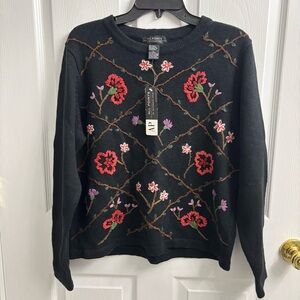 Vintage Embroidered Sweater Womens Large Floral Ramie Wool Cotton Blend Black